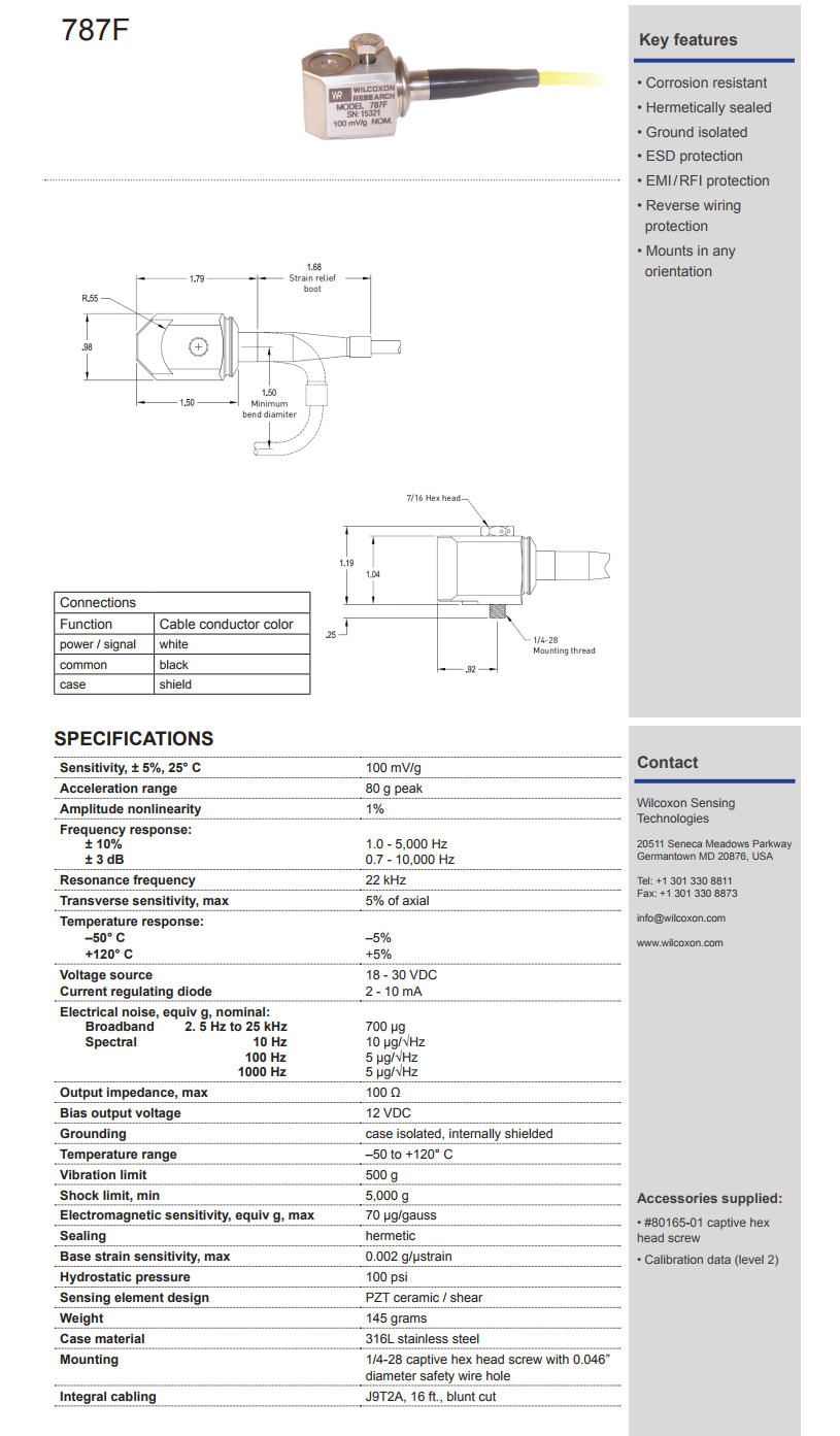威爾康森整體電纜加速度振動計787F型技術參數