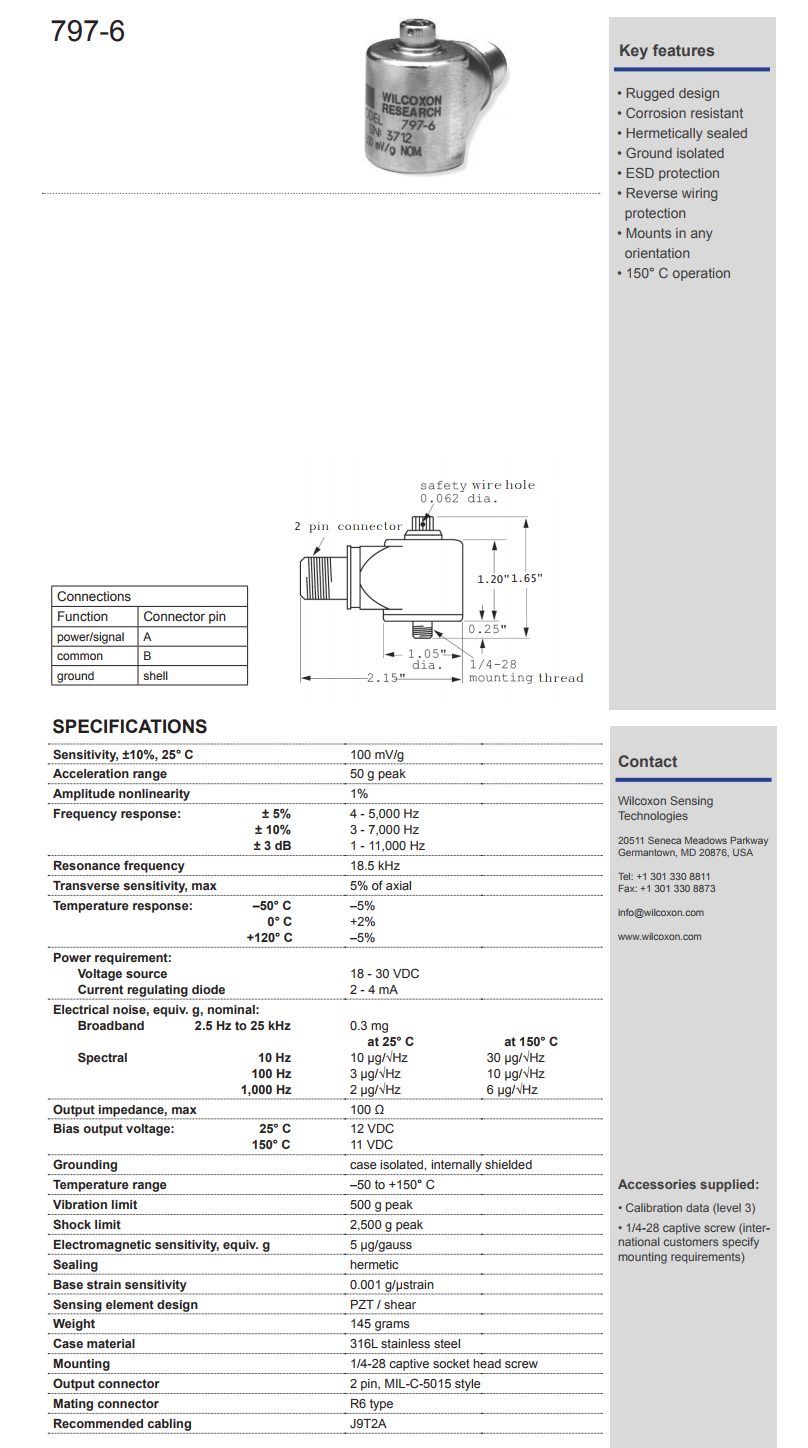 威爾康森高溫振動傳感器797-6型技術參數
