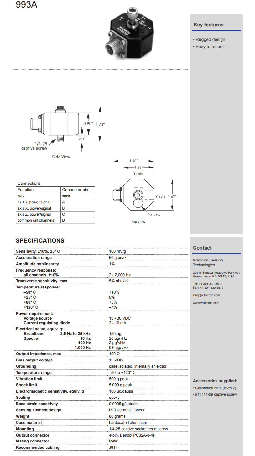 威爾康森三軸振動傳感器993A型技術參數