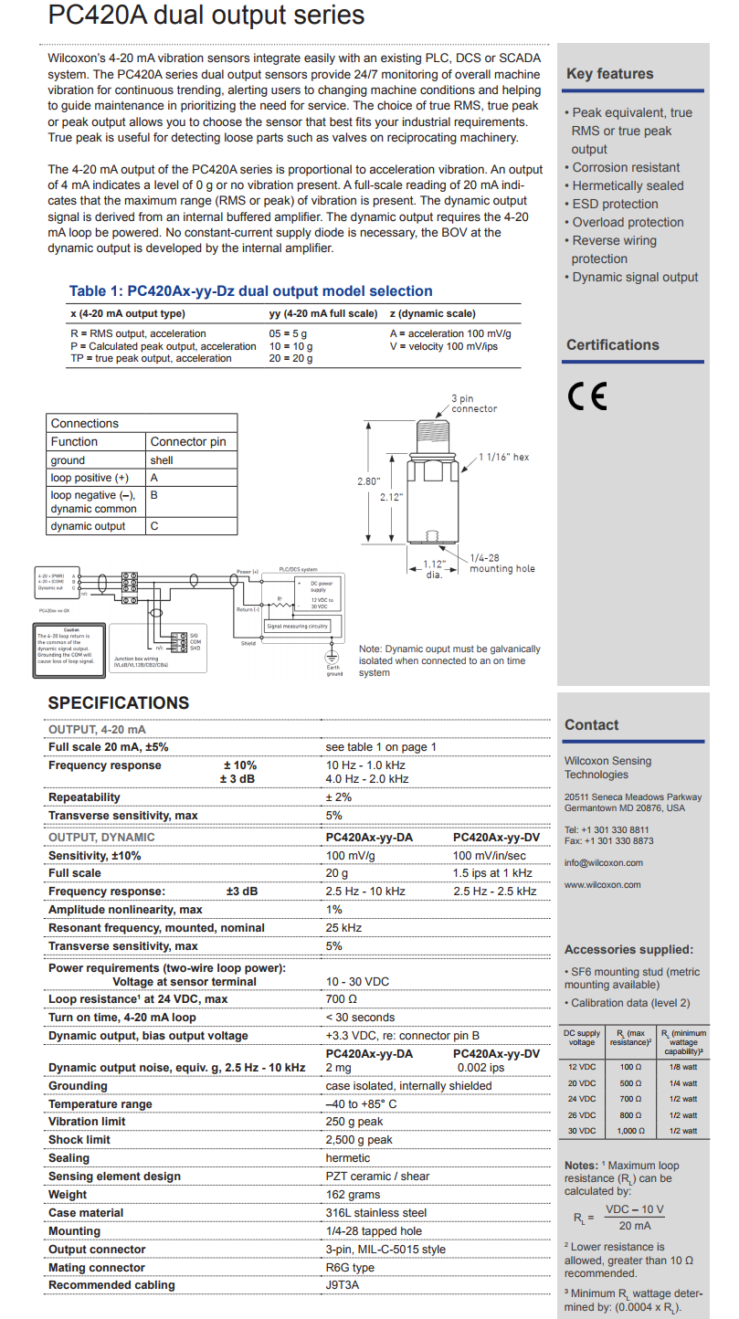 威爾康森帶有動態(tài)振動輸出的4-20mA回路供電振動傳感器PC420AR-20-DA型的技術(shù)參數(shù)