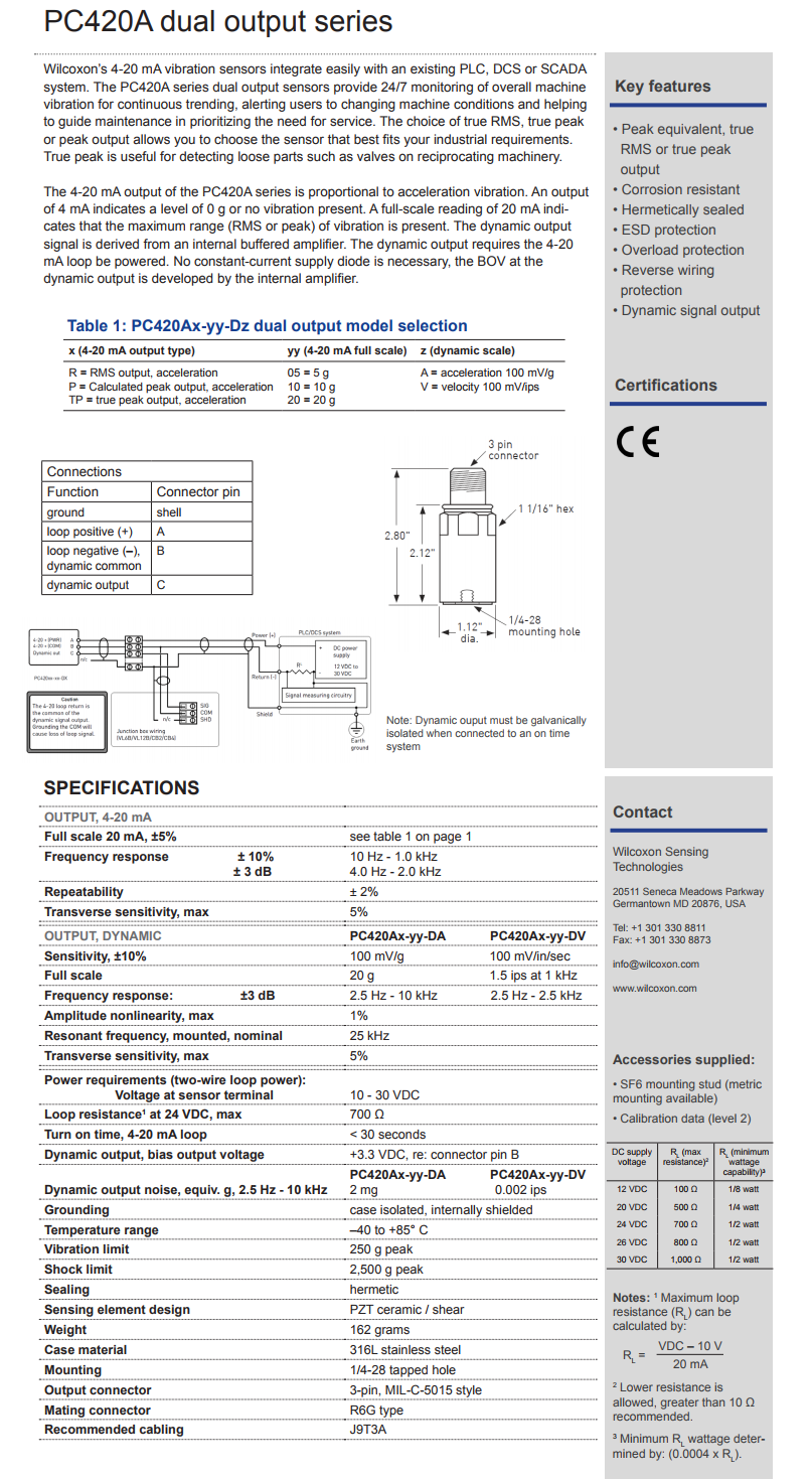 威爾康森帶有動態(tài)振動輸出的4-20mA回路供電振動傳感器PC420AR-10-DA型的技術(shù)參數(shù)