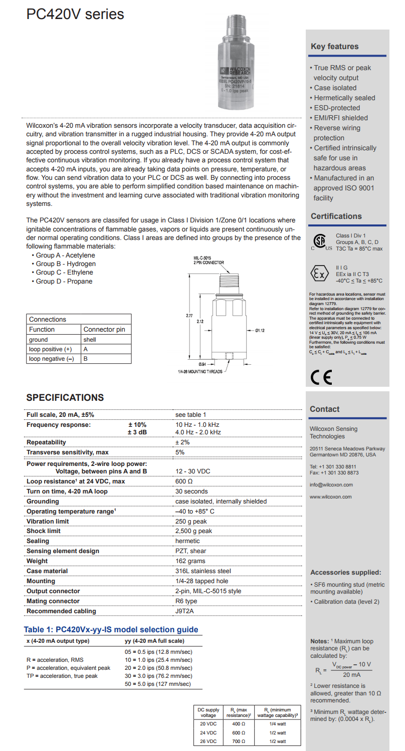 威爾康森回路供電振動(dòng)傳感器PC420VP-20-IS型技術(shù)參數(shù)