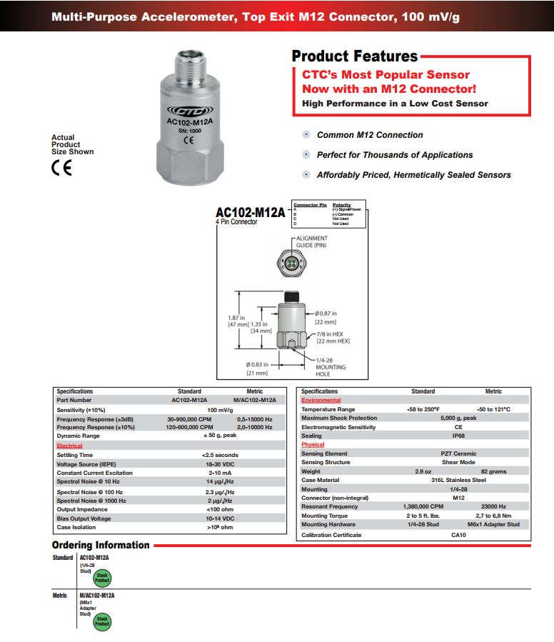 CTC多功能標準尺寸加速度振動計AC102-M12A 技術參數