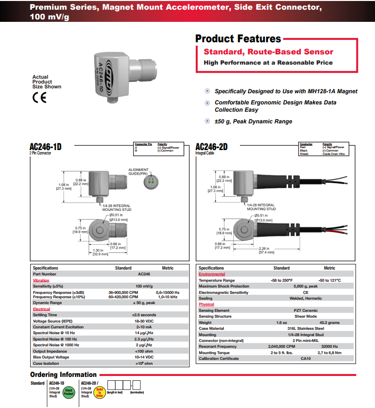 CTC標(biāo)準(zhǔn)尺寸 高級(jí)加速度振動(dòng)傳感器AC246技術(shù)參數(shù)