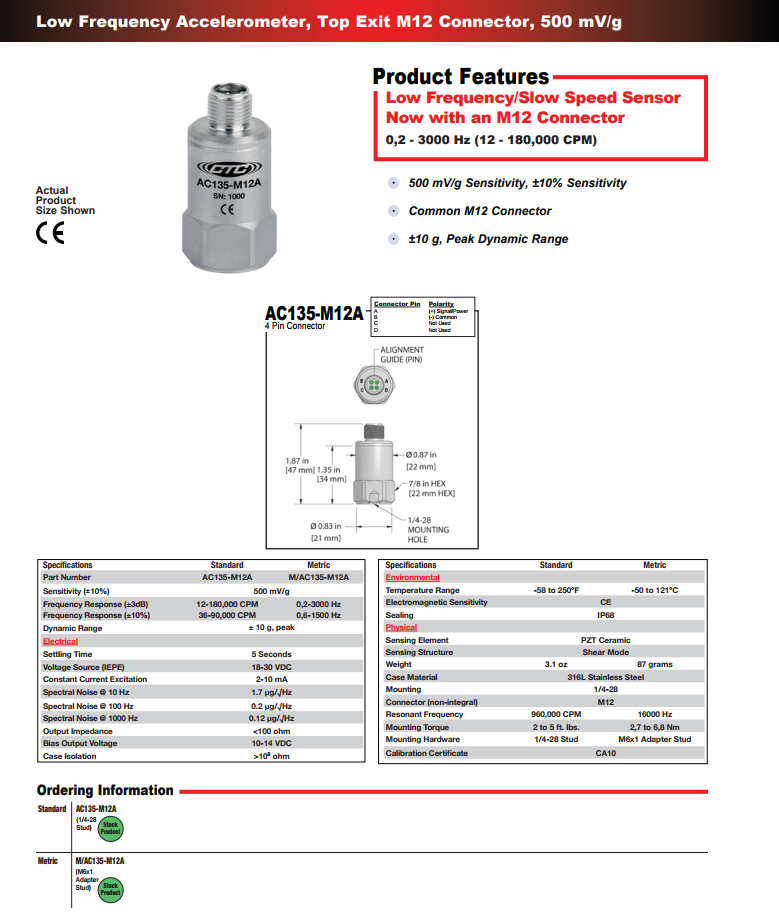  CTC低頻加速度振動計AC135-M12A技術參數