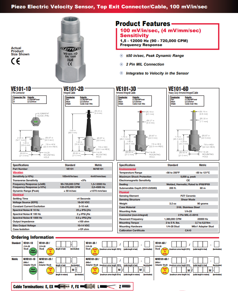CTC壓電式速度振動傳感器VE101技術參數