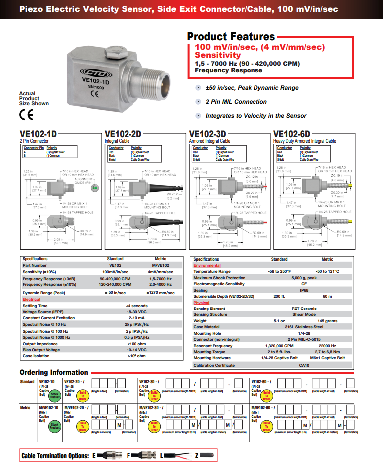  CTC壓電式速度振動傳感器VE102技術參數